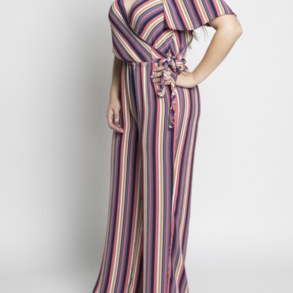 Plus Colder Shoulder Striped Jumpsuit - Picture 1 of 7